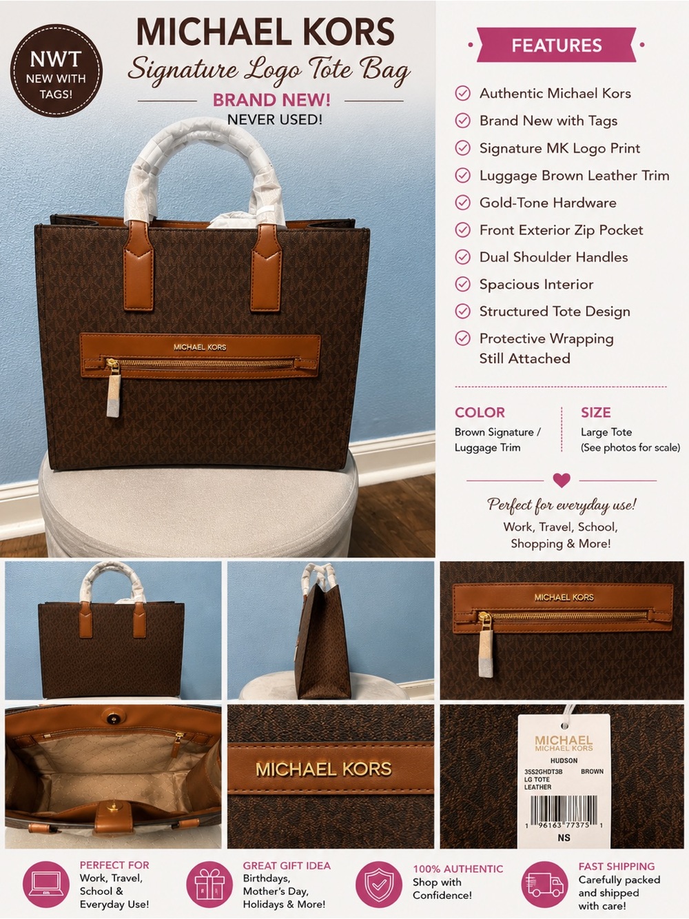 Michael Kors Brown and Tan Logo Tote with Front Zip Pocket - Picture 2 of 2